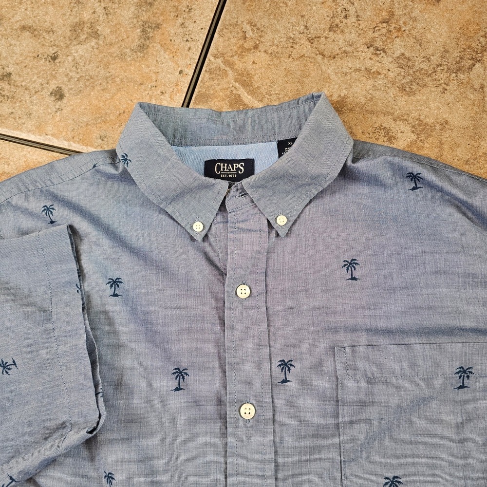 Chaps Mens Short Sleeve‎ Button Down Shirt Palm Tree Print Blue XL Easy Care